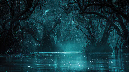 Dark haunted mangrove forest, spooky trees in water in fairy tale woods at night. Theme of horror, scary movie, jungle, mystic background