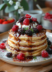 Pancake Stack with Berries, Whipped Cream, and Chocolate Drizzle