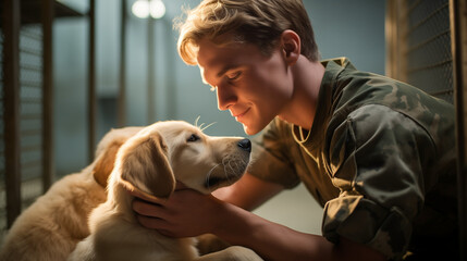 man and dog, A heartwarming scene at the shelter: a dedicated female volunteer in uniform, bonding...