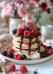  Pancake Stack with Berries, Whipped Cream, and Chocolate Drizzle