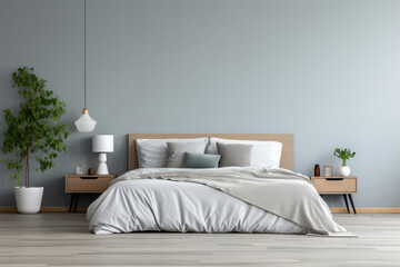 Modern Bedroom Elegance: Serene Space with Soft Textiles and Natural Accents. Wall mockup