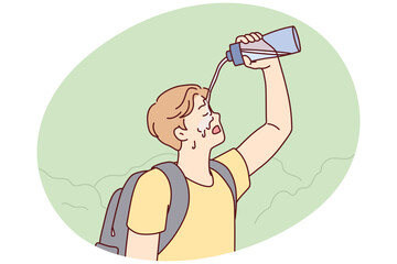 Tired man tourist pouring water on face during long walk in nature in hot weather. Traveler guy with backpack on back exhaustively washes head on go to avoid sunstroke. Flat vector design