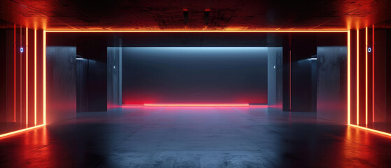 Futuristic neon stage with red led light, abstract underground garage background. Theme of corridor, warehouse, dark room, modern hall, interior