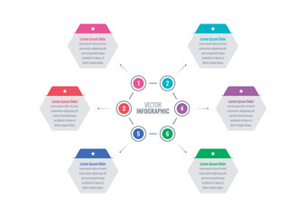 colorful hexagons infographic template. six options briefing template. magazine, annual report infographic template