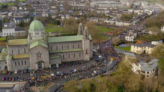 Saint Patrick's day, Galway. Aerial descent shows the parade route at Galway cathedral