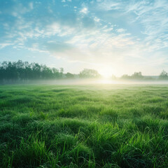 Fototapeta na wymiar Beautiful summer natural landscape with lawn with cut fresh grass in early morning with light fog. Panoramic spring background
