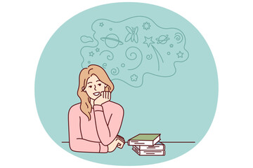 Carefree woman sitting at table with books resting chin on hand is distracted from preparing for exams. Student girl procrastinates and dreams during extracurricular work. Flat vector design