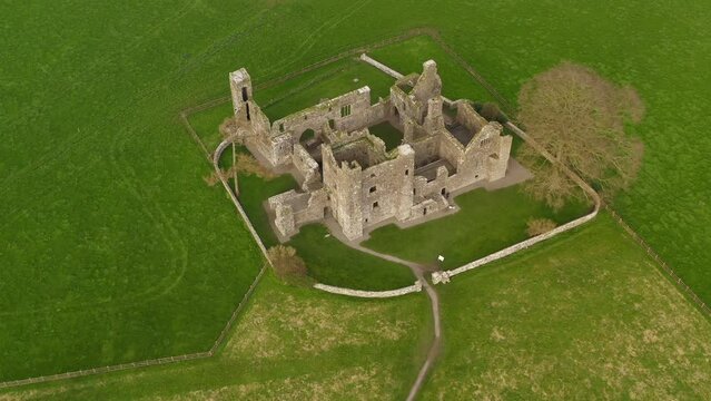 Calm top down aerial orbiting Bective Abbey, Co. Meath, Ireland
