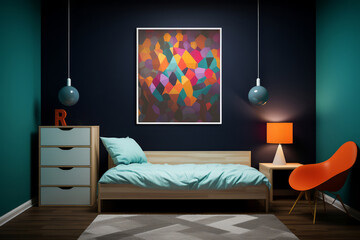 Artistic bedroom with colorful abstract painting, modern design, cozy atmosphere