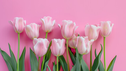 Pink tulips close up on pink background, frame