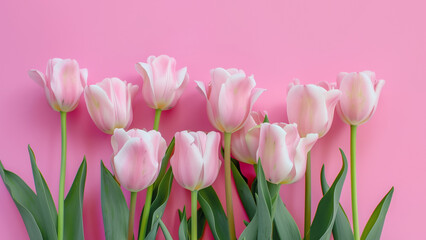 Fototapeta premium Pink tulips close up on pink background, frame