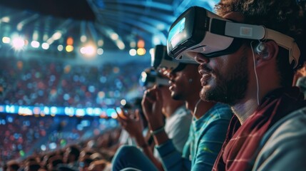Fans watching a football match with virtual reality glasses in a stadium in the stands in high resolution and high quality. virtual reality concept, group, fans, football, people