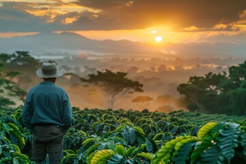 man with hat walking through a coffee field at sunrise