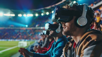 Fototapeta na wymiar Fans watching a football match with virtual reality glasses in a stadium in the stands in high resolution and high quality. virtual reality concept, group, fans, football, people, stadium, vr