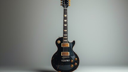 Black electric guitar on a gray background - obrazy, fototapety, plakaty