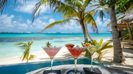 vibrant atmosphere of a beach bar adorned with a wide variety of exotic cocktails, exuding tropical charm and relaxation