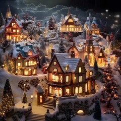 Christmas and New Year miniature village with houses and trees in the snow