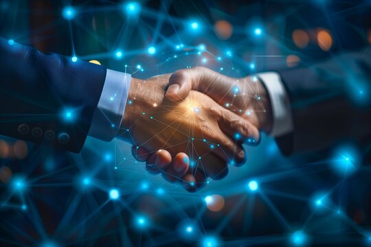 Negotiation concept. agreement, cooperation, business partnership Businessman touching handshake icons on virtual screen for negotiation