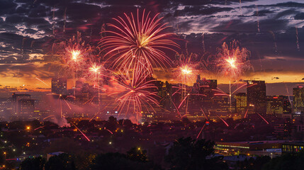 An elaborate 4th of July fireworks display over the skyline of a major city. - obrazy, fototapety, plakaty