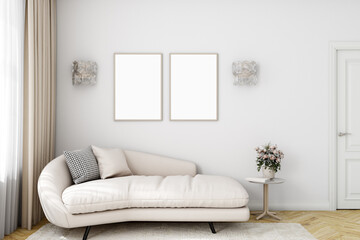 Mock up poster in bedroom interior and two frame A4, 3d render