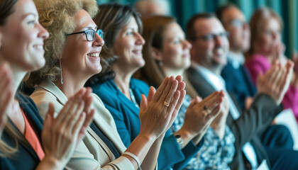 Fototapeta premium Group of people applauding, clapping hands at successful meeting or presentation. Generative AI