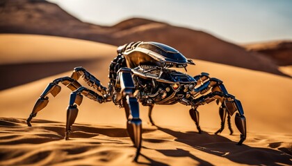 A robotic spider mech looms over the desert sands, a sophisticated example of biomimicry engineering set against the vast, barren landscape