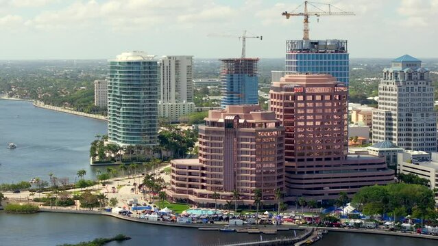 Aerial telephoto video Downtown West Palm Beach Florida 2024