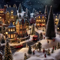 Miniature city at night. Christmas and New Year miniature scene.
