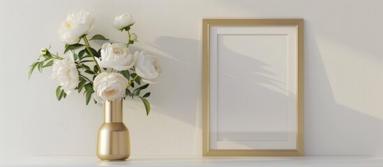 Gold frame placeholder, along with a white wall featuring a gold vase and peonies setting.