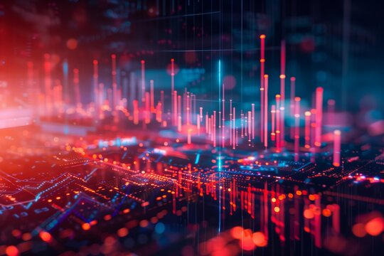 Abstract digital growing arrows up graph chart on technological blue low poly wireframe background. Boosting of business result concept. Polygonal finance glowing illustration. Success and Investmen