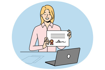 Smiling woman sit at desk study online on computer show certificate or graduation. Happy girl student graduate college or university on internet. Vector illustration.