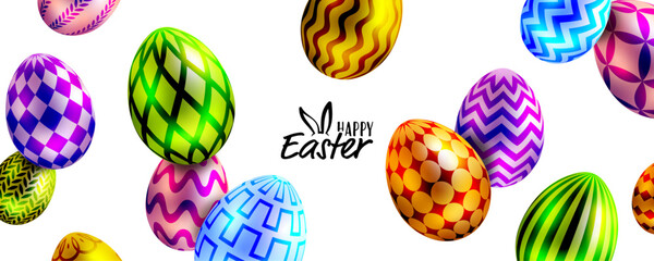 Easter card template with Easter eggs. Happy Easter greeting card or banner with falling Easter eggs. - 767366910