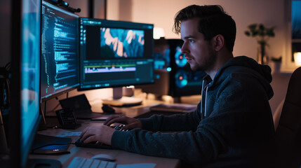 Male developer working with several screens