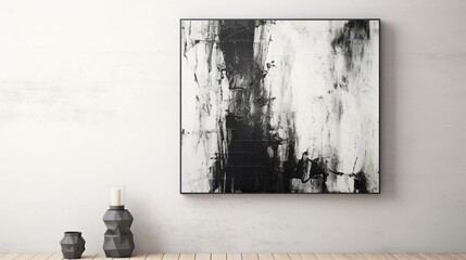 Abstract watercolor black grunge texture on a white canvas hanging on wall.