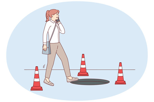Careless woman walking talking on phone risks falling into hatch due to inattention and abuse of gadgets. Casual girl steps towards open sewer making phone call. Flat vector design