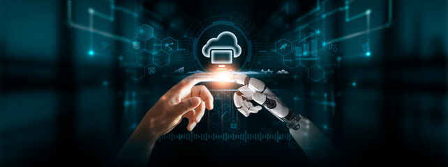Cloud Computing: Hands of Robot and Human Touch Cloud Computing of Global Networking, Data Storage, Accessibility, Scalability - Digital Technologies of Future.