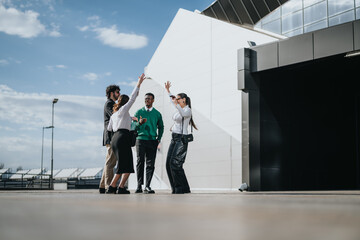 A diverse group of business professionals celebrate by giving high-fives against a modern building...