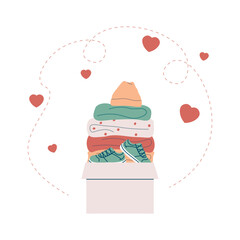 Cardboard box with clothes and shoes. Charity, things donation for needy and poor people. Concept of volunteering and social assistance. International Day of Charity. Flat vector illustration.