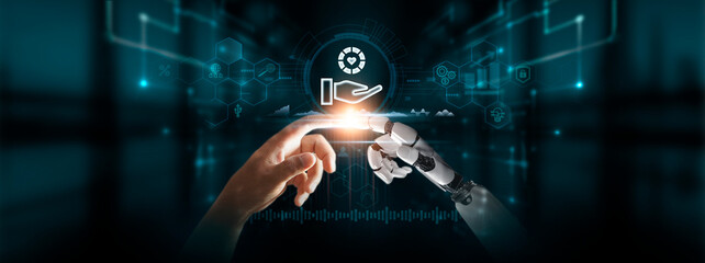 Core Values: Hands of Robot and Human Touch Core Values Icon of Global Networking, Collaboration, Innovation, Embracing Digital Technologies of the Future.