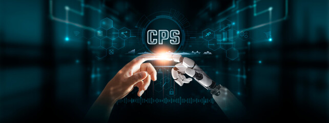 CPS: Human and Robot Hands Touching Cyber-Physical Systems of Global Networking, Interconnected Devices, Integration of Physical and Digital Technologies of Future. - obrazy, fototapety, plakaty