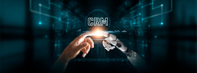 CRM: Hands of Robot and Human Touch CRM Solutions of Global Networking, Customer Relationship...