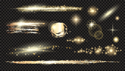 Vector circle light effect with sparkles and  horizontal les flares pack. Golden light flares and laser beams on dark background. Abstract sparkling lines and stars. 