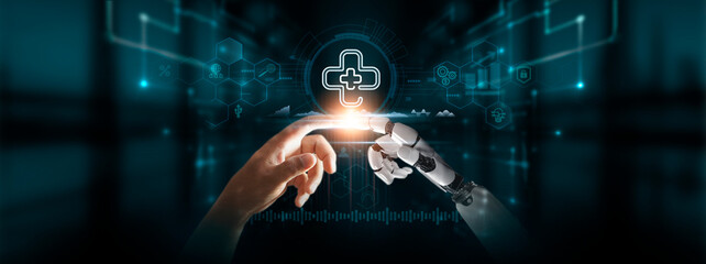 Medical: Hands of Robot and Human Touch Medical Icon of Global Networking, Healthcare Innovation,...