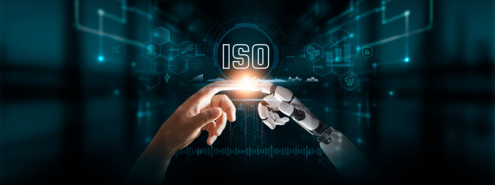 ISO: Hands of Robot and Human Touch ISO Icon of Global Networking, Standardization, Quality Assurance, Ensuring Compatibility with Digital Technologies of Future.