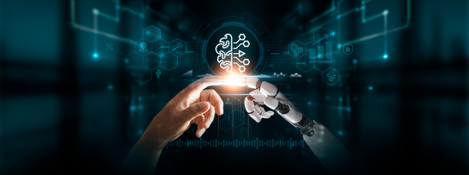 Machine Learning: Hands of Robot and Human Touch Machine Learning of Global Networking, Data Analysis, Integration, Advancement in Digital Technologies of Future. - Powered by Adobe