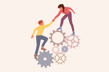 Business woman provides support to weak colleague by helping climb stack of gears, showing commitment to teamwork. Guy and girl from startup support each other to achieve career success