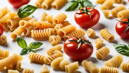 Assorted dry pasta shapes perfectly aligned with vibrant cherry tomatoes and fresh basil leaves, symbolizing Italian cooking ingredients.