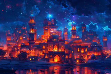 A breathtaking urban arabic landscape at night with neon lights and stunning architecture, creating a magical and mystical atmosphere. Perfect for fantasy and travel themes.