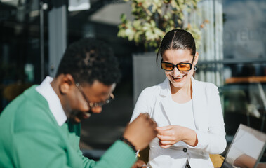Multiethnic colleagues engage in a business discussion at an outdoor cafe, embodying teamwork and partnership.