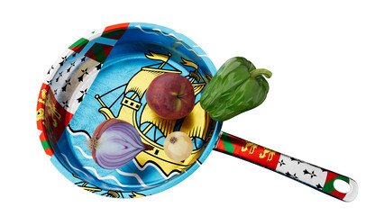 Artistic Skillet with Saint-Pierre and Miquelon Territorial Flag and Fresh Produce - obrazy, fototapety, plakaty